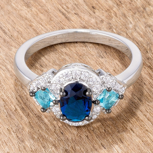 1.3Ct Rhodium and Hematite Plated Shades of Blue Cubic Zirconia Three Stone Engagement Ring