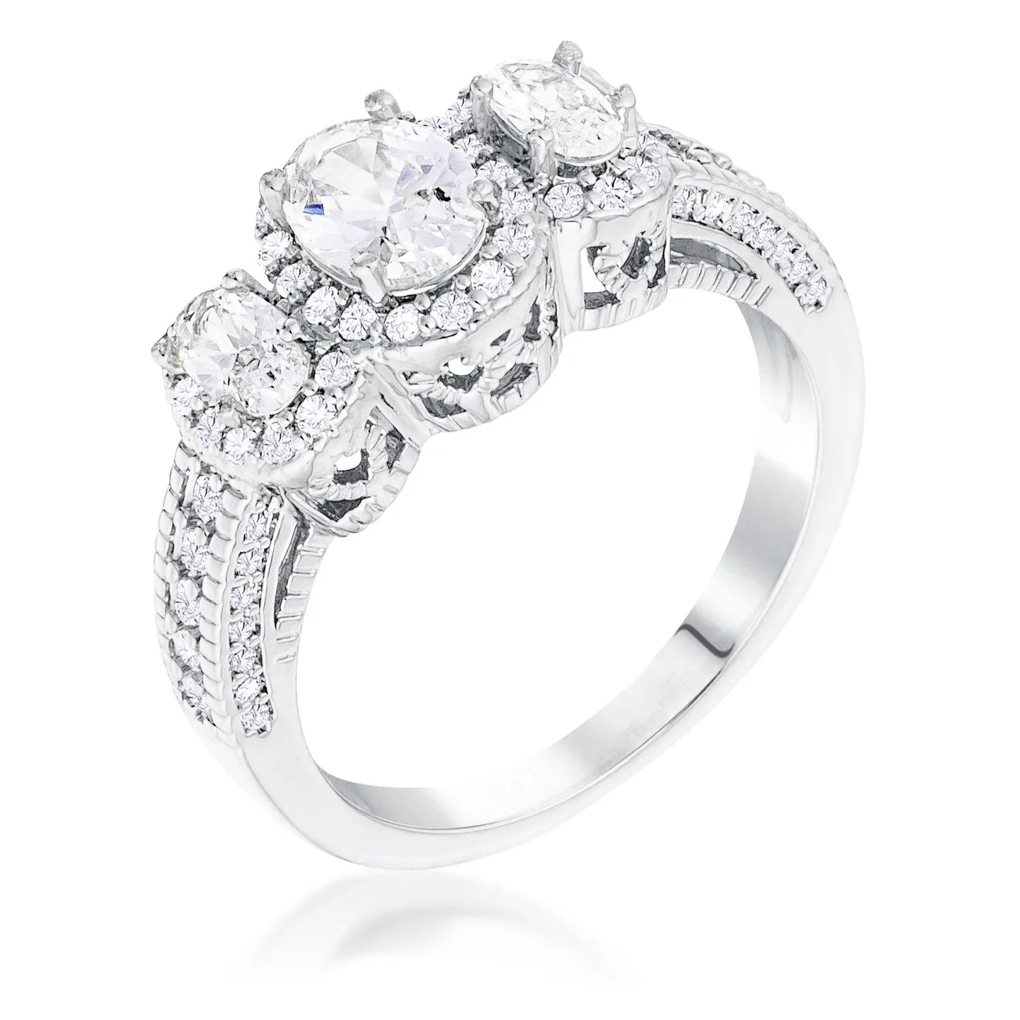 Rhodium Plated 3-Stone Clear Oval Cut Cubic Zirconia Halo...