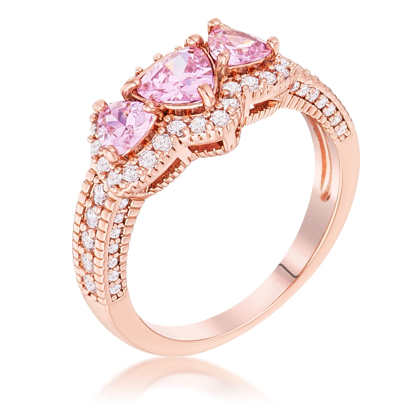 Rose Gold Plated 3-Stone Trillion Cut Pink Cubic Zirconiania Ring