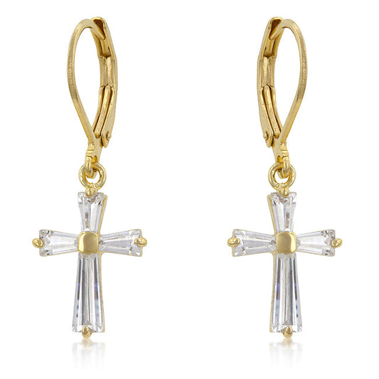 Cubic Zirconia Gold Plated Finish Cross Earrings