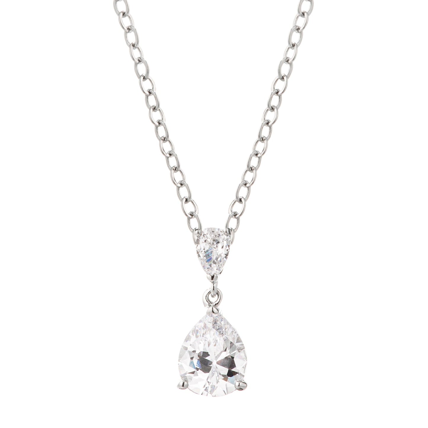 Rhodium Plated Double Pear CZ Drop Pendant Necklace