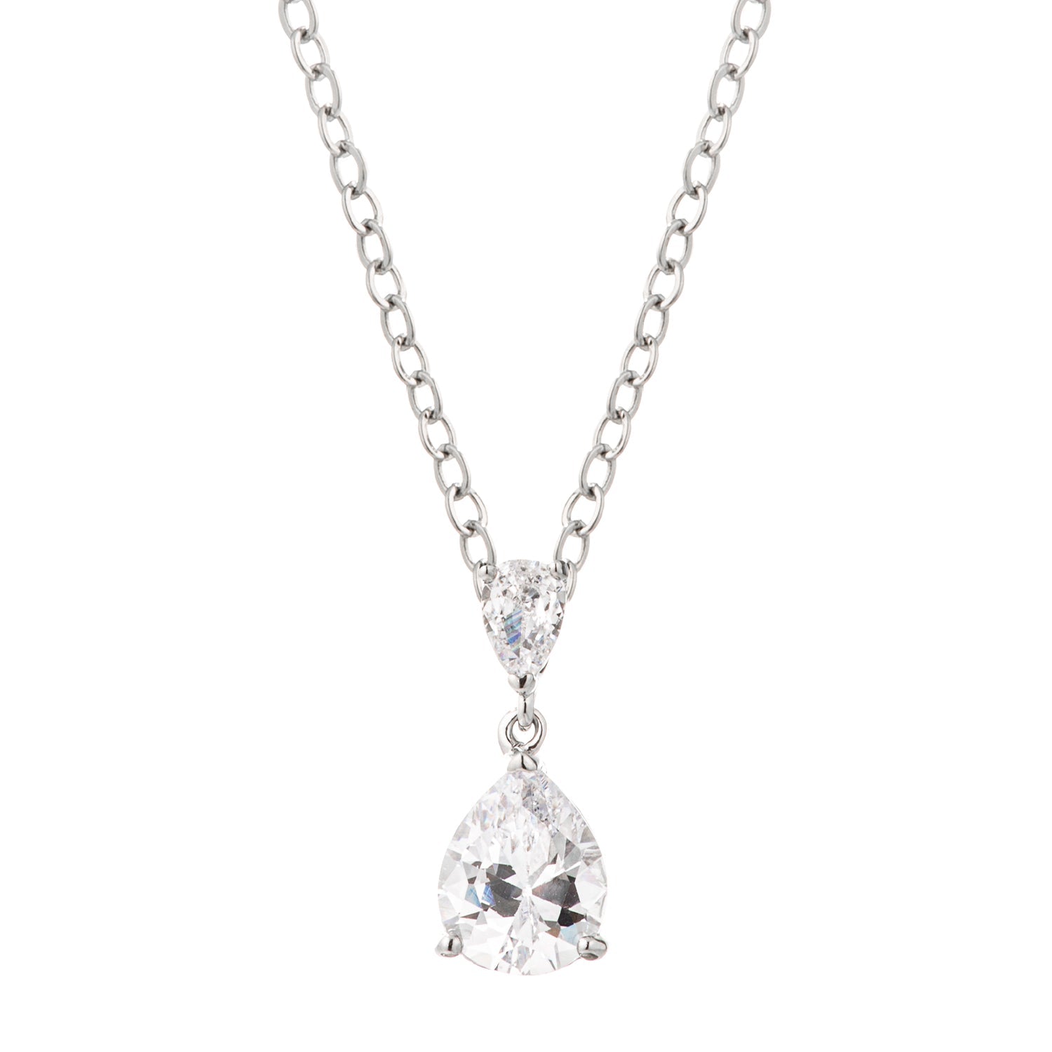 Rhodium Plated Double Pear CZ Drop Pendant Necklace