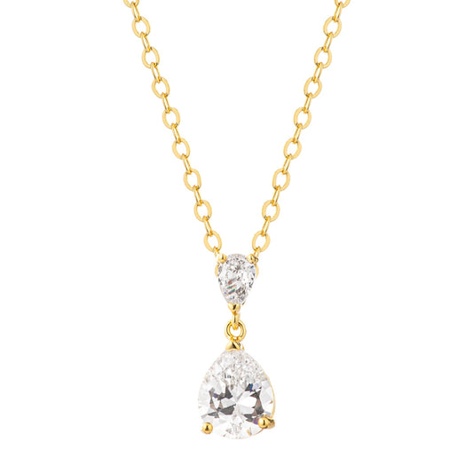 18K Gold Plated Double Pear CZ Drop Pendant Necklace