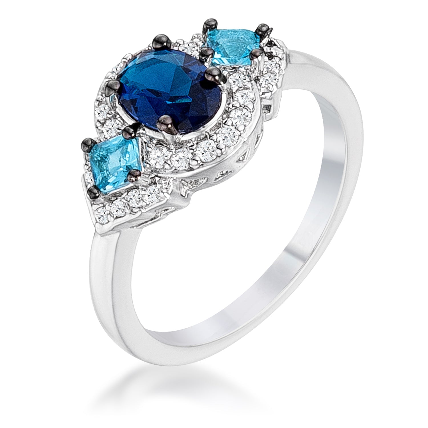 1.3Ct Rhodium and Hematite Plated Shades of Blue Cubic Zirconia Three Stone Engagement Ring