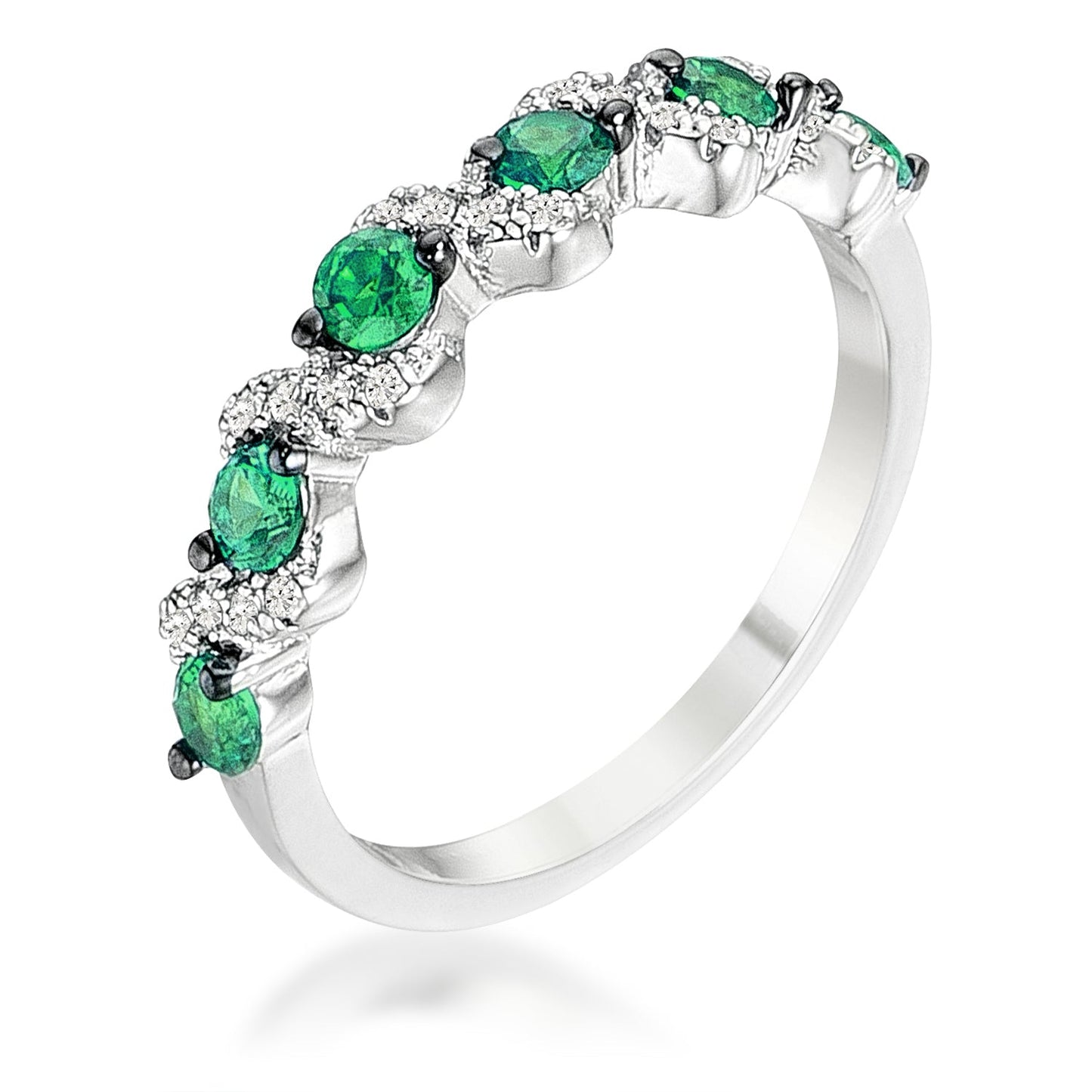 .18Ct Rhodium and Hematite Plated S Shape Emerald Green and Clear Cubic Zirconia Half Eternity Band