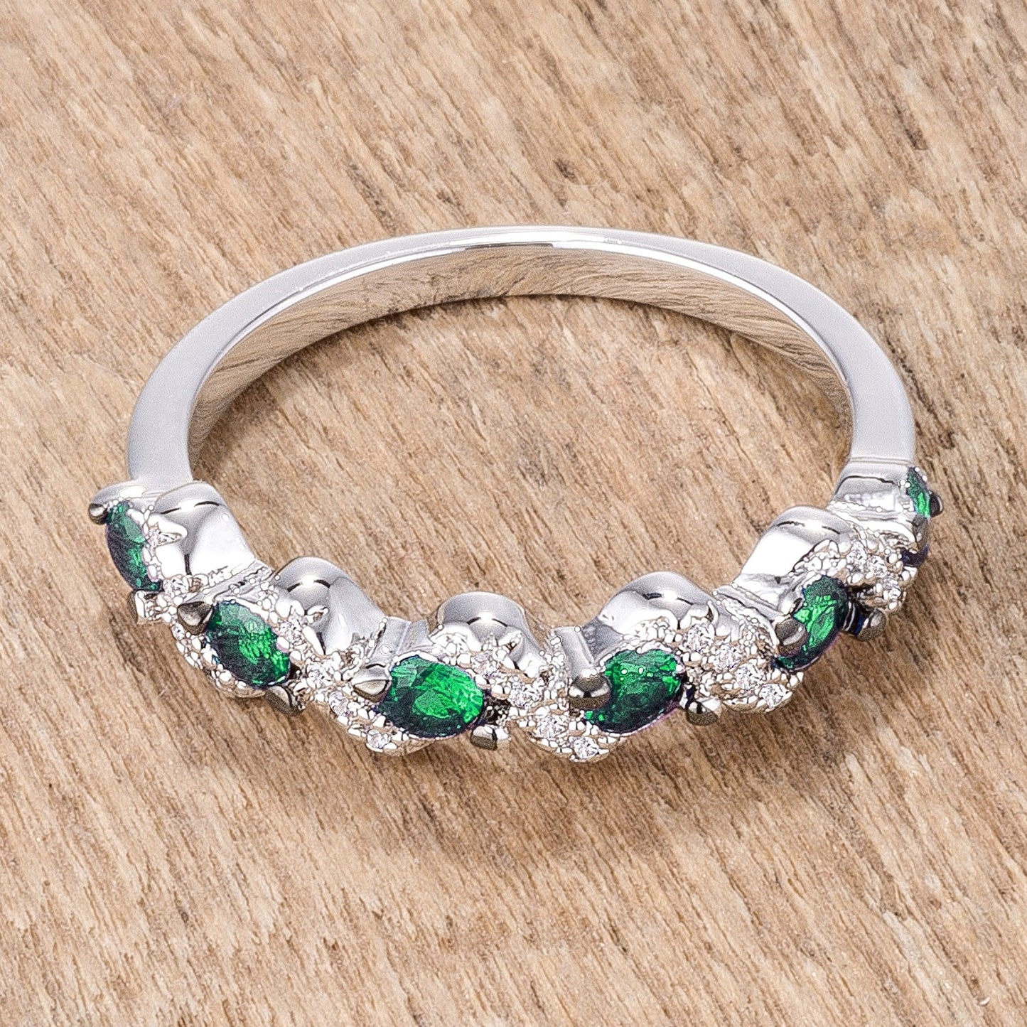.18Ct Rhodium and Hematite Plated S Shape Emerald Green and Clear Cubic Zirconia Half Eternity Band