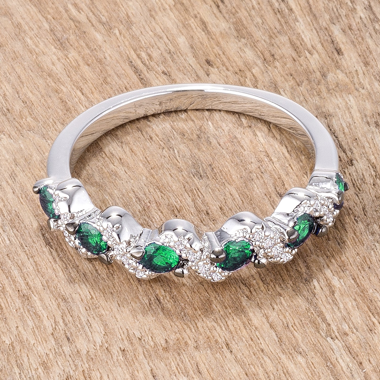 .18Ct Rhodium and Hematite Plated S Shape Emerald Green and Clear Cubic Zirconia Half Eternity Band