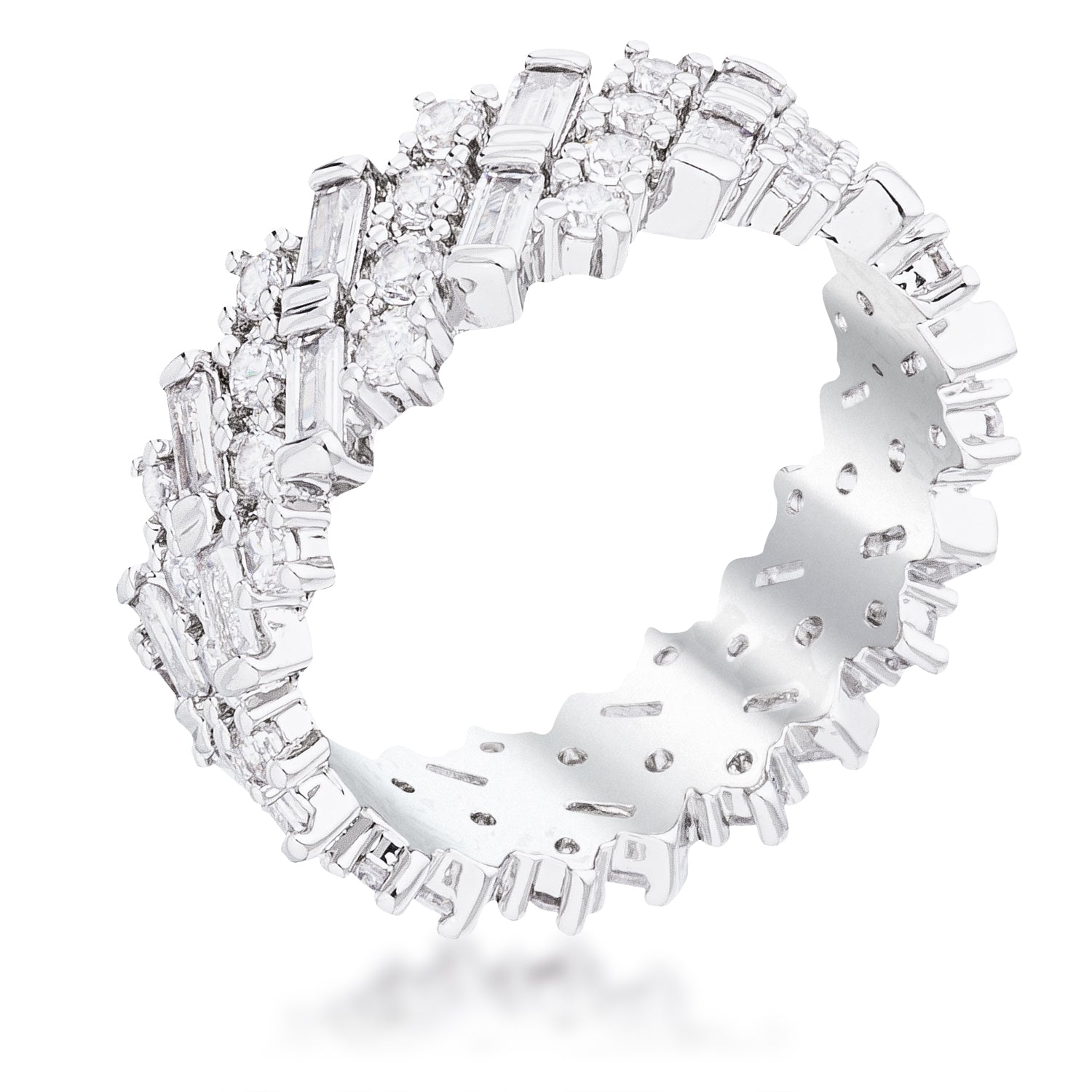 Rhodium Clear Cubic Zirconia Alternating Baguette Round Eternity Ring