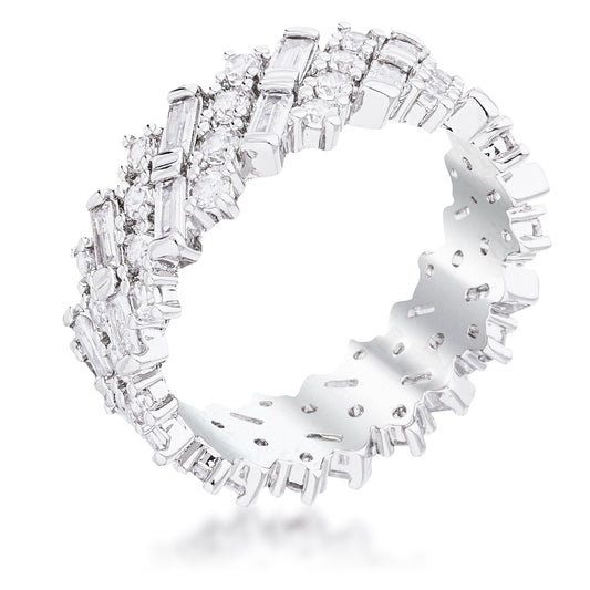 Rhodium Clear Cubic Zirconia Alternating Baguette Round Eternity Ring