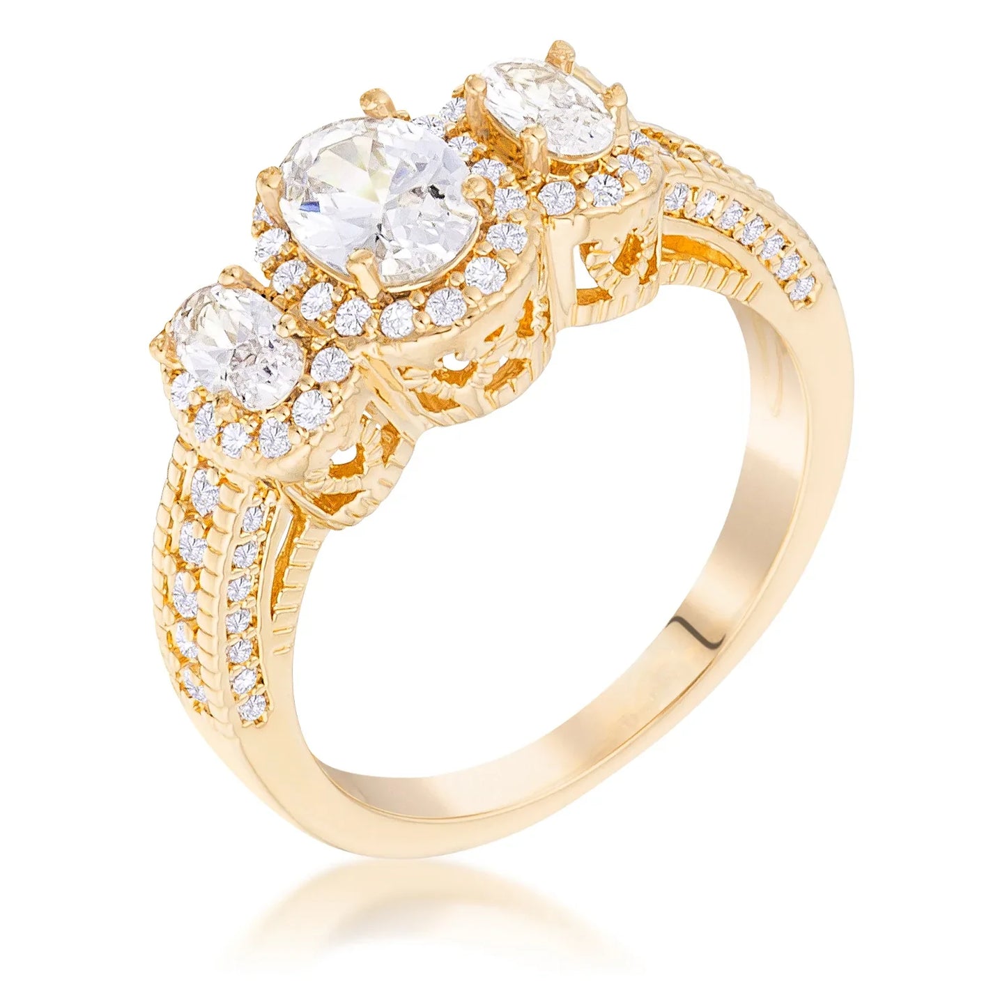 Gold Plated 3-Stone Clear Oval Cut Cubic Zirconia Halo Ring