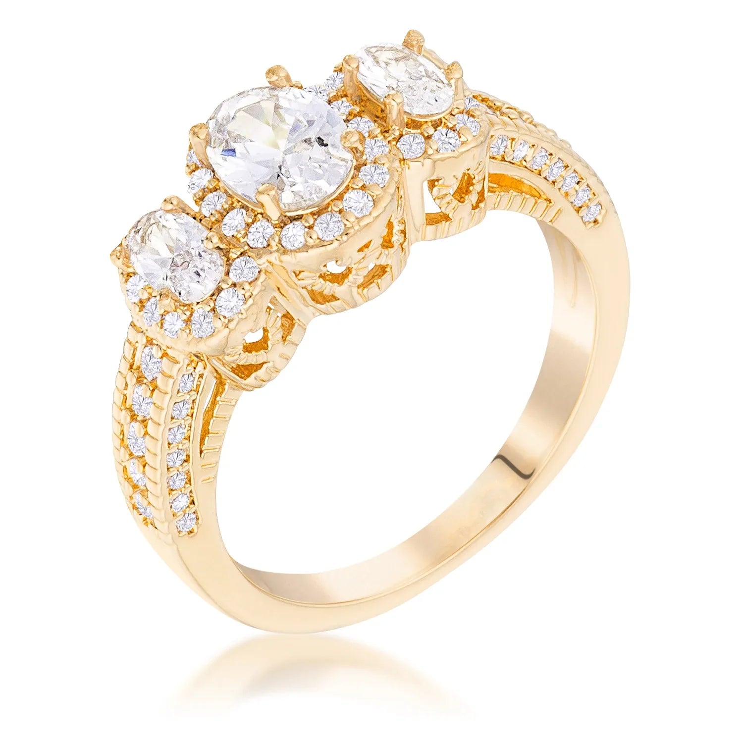 Gold Plated 3-Stone Clear Oval Cut Cubic Zirconia Halo Ring