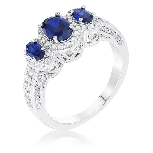 Rhodium Plated 3-Stone Sapphire Blue Oval Cut Cubic Zirconia Ring