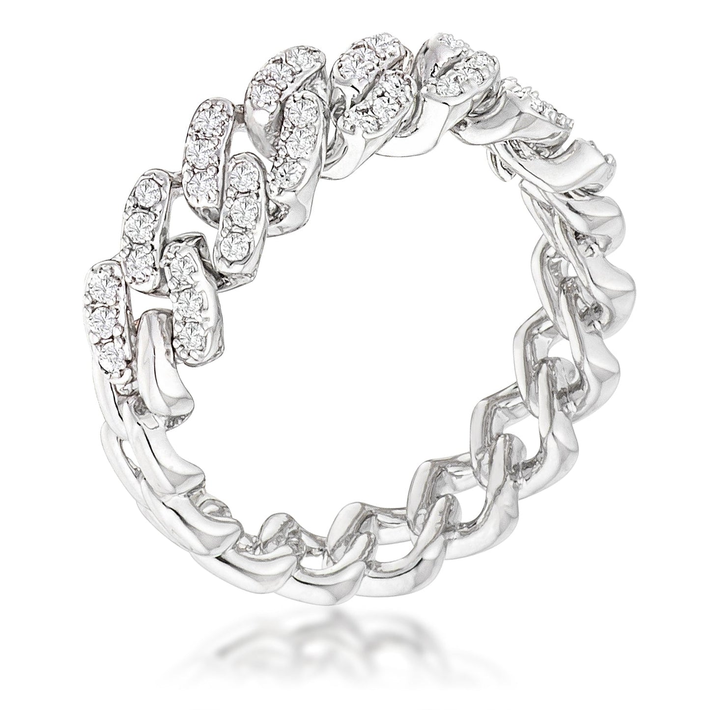 Rhodium Plated Clear Cubic Zirconia Round Cut Flexible Chain Ring