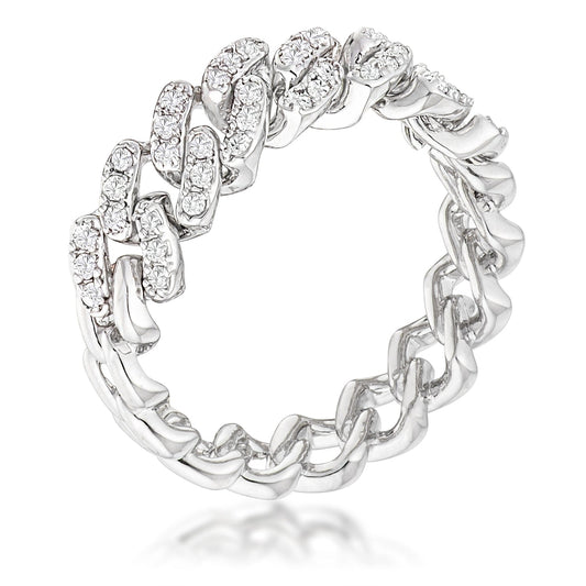 Rhodium Plated Clear Cubic Zirconia Round Cut Flexible Chain Ring